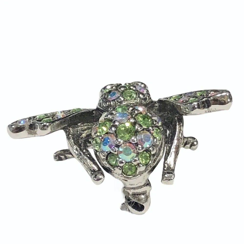 JOAN RIVERS CLEAR AURORA BOREALIS & GREEN CRYSTALS SILVER TONE BUMBLEBEE BROOCH